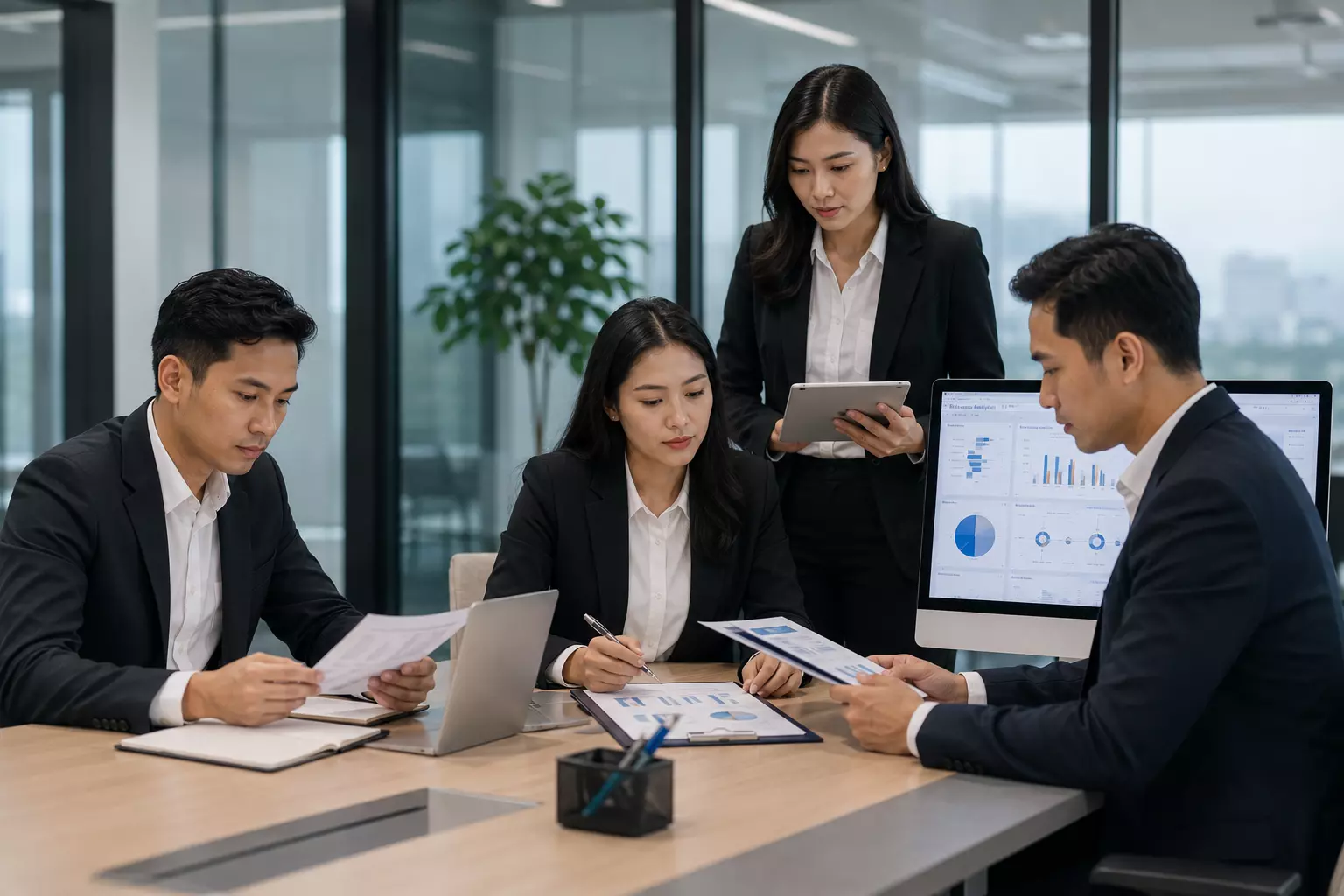Tim review risiko keuangan di kantor modern
